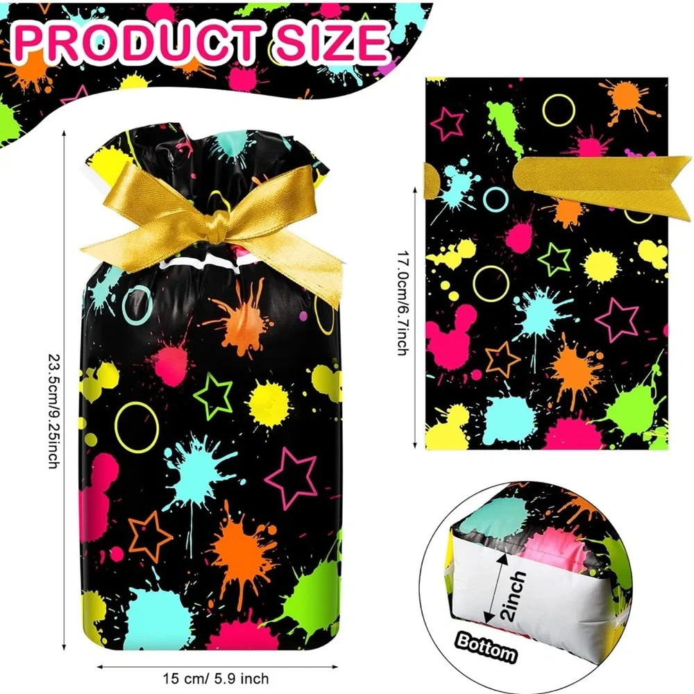 50 Neon Splatter Party Favor Bags with Gold Ribbon Plastic with Drawstring